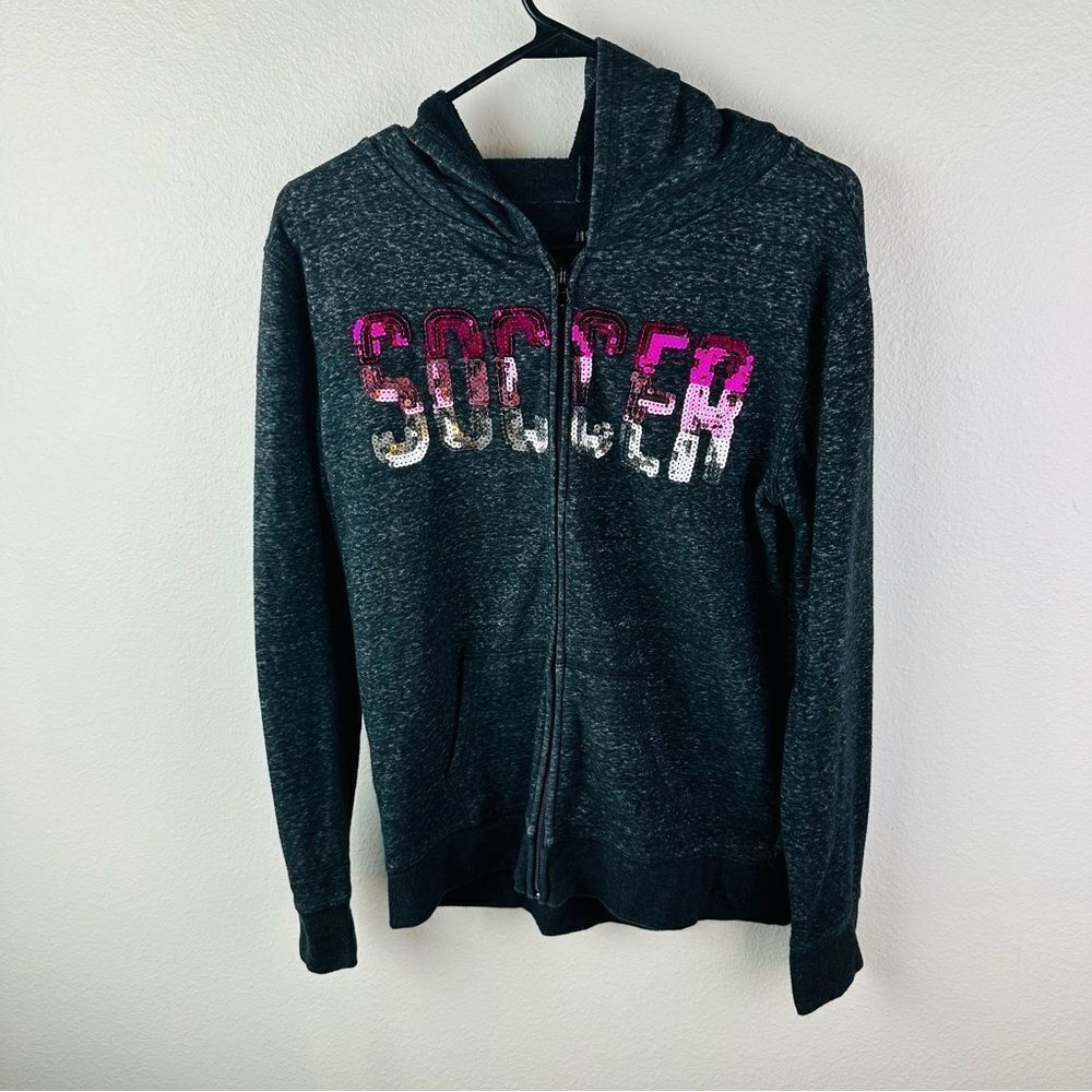 Justice Active Gray Soccer Sequin Full Zip Hoodie Girls Size 16/18